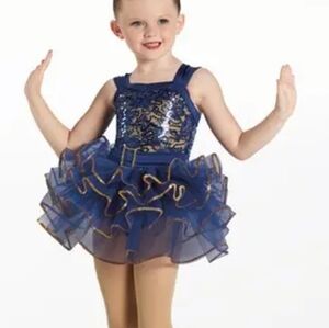 Weissman Size SC (6/6X) Navy & Gold Showtime Sequin Tutu Dance Costume #13838